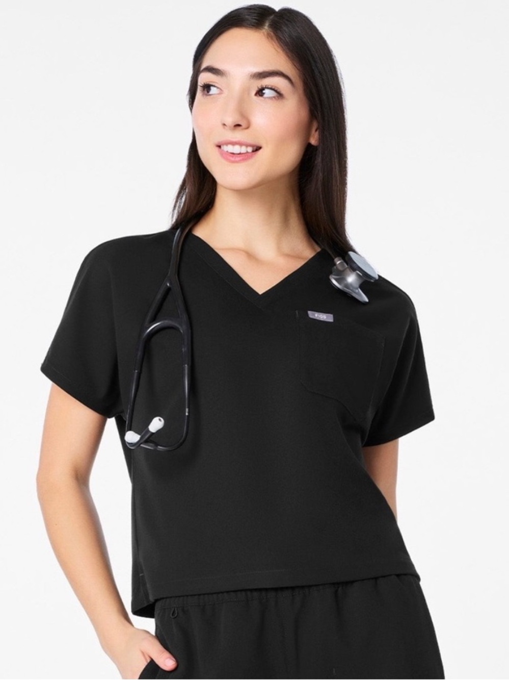 Figs Arua Cropped V-Neck Scrubs Top - Black Small